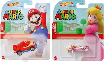 Hot Wheels Super Mario Character Car - Mario & Princess Peach Diecast 164 Scale Ages 3+ Pack of 2