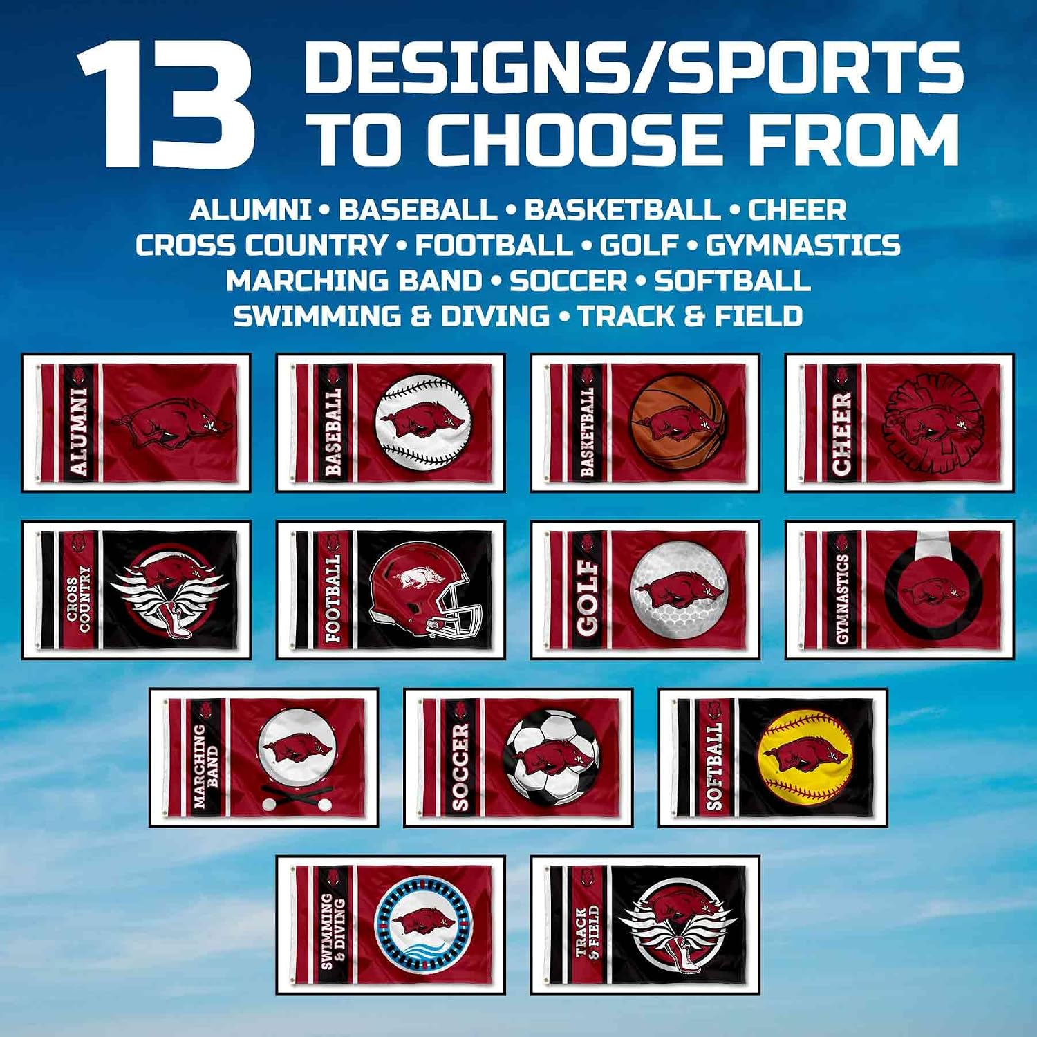 Arkansas Razorbacks Multi-Sport 3x5 Flag - Alumni, Volleyball, Gymnastics, Softball, Soccer, Baseball, Basketball, Golf, Tennis, Swimming, Track, Cross Country, Football