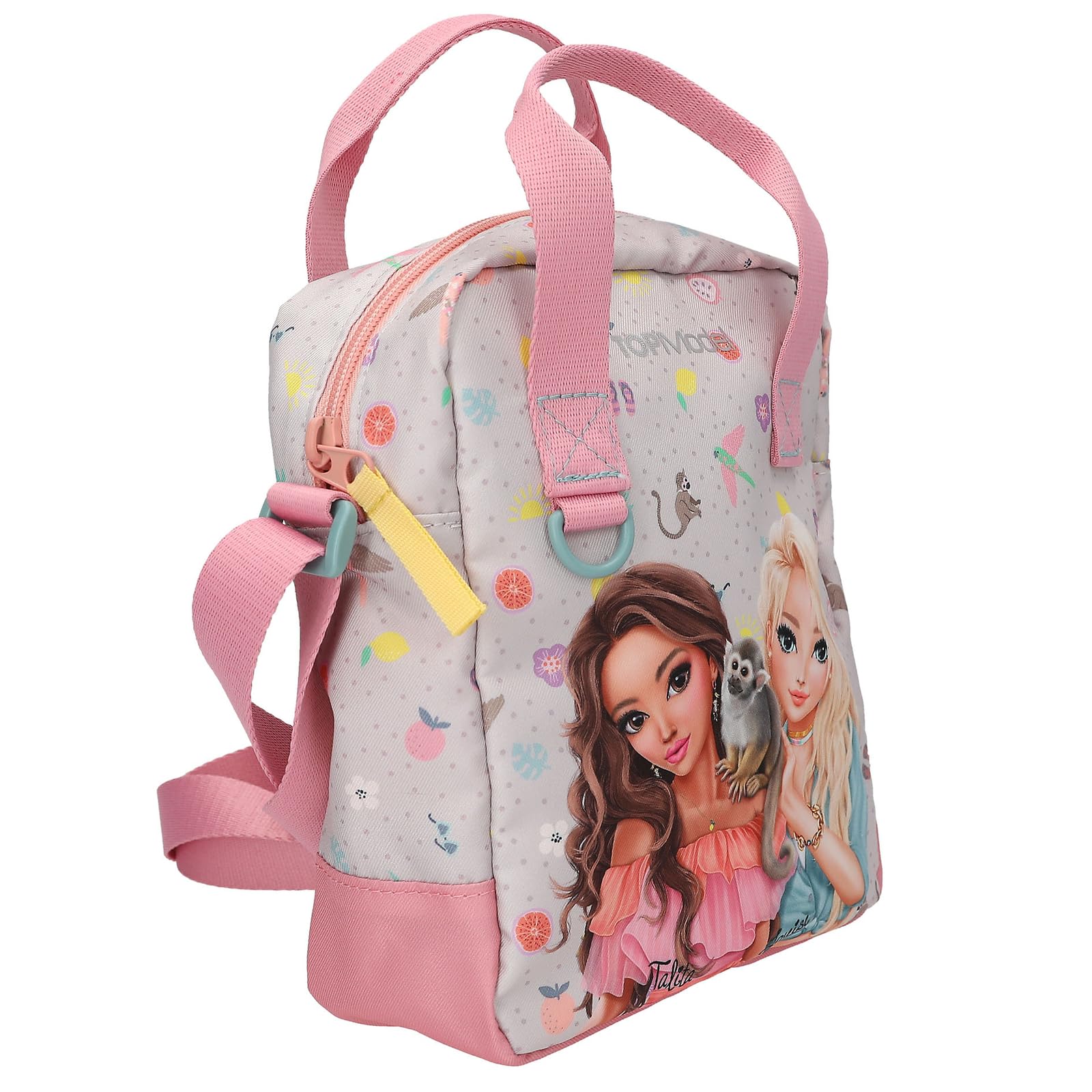 Depesche 13327 TOPModel Juicy - Umhängetasche in Creme und Rosa, mit Model Motiv, Äffchen und buntem Muster, Handtasche mit verstellbarem Gurt