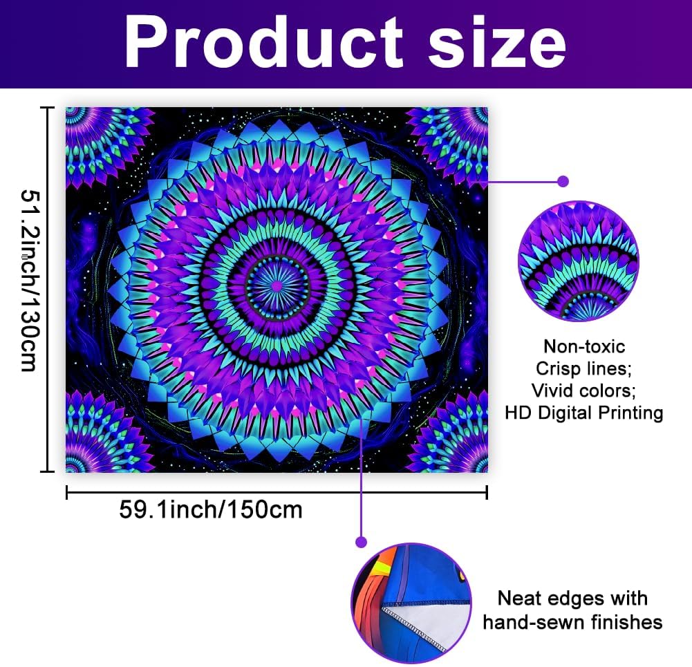 WEBEEDY Mandala Glow in The Dark Tapestry Black Light Bohemian Aesthetic Tapestry UV Reactive Boho Flower Wall Hanging Poster Backdrop for Bedroom Living Room Dorm Decor,59"X51"/150X130cm - Image 2