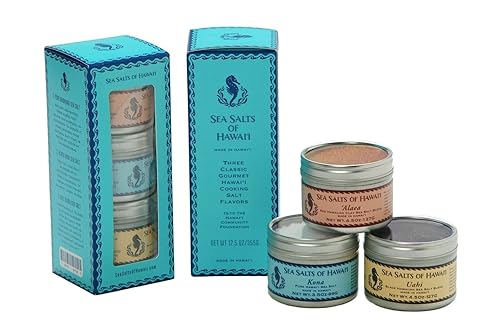 Caja de regalo de tres latas de sales marinas hawaianas, rojo Alaea, blanco Kona y sales negras Uahi