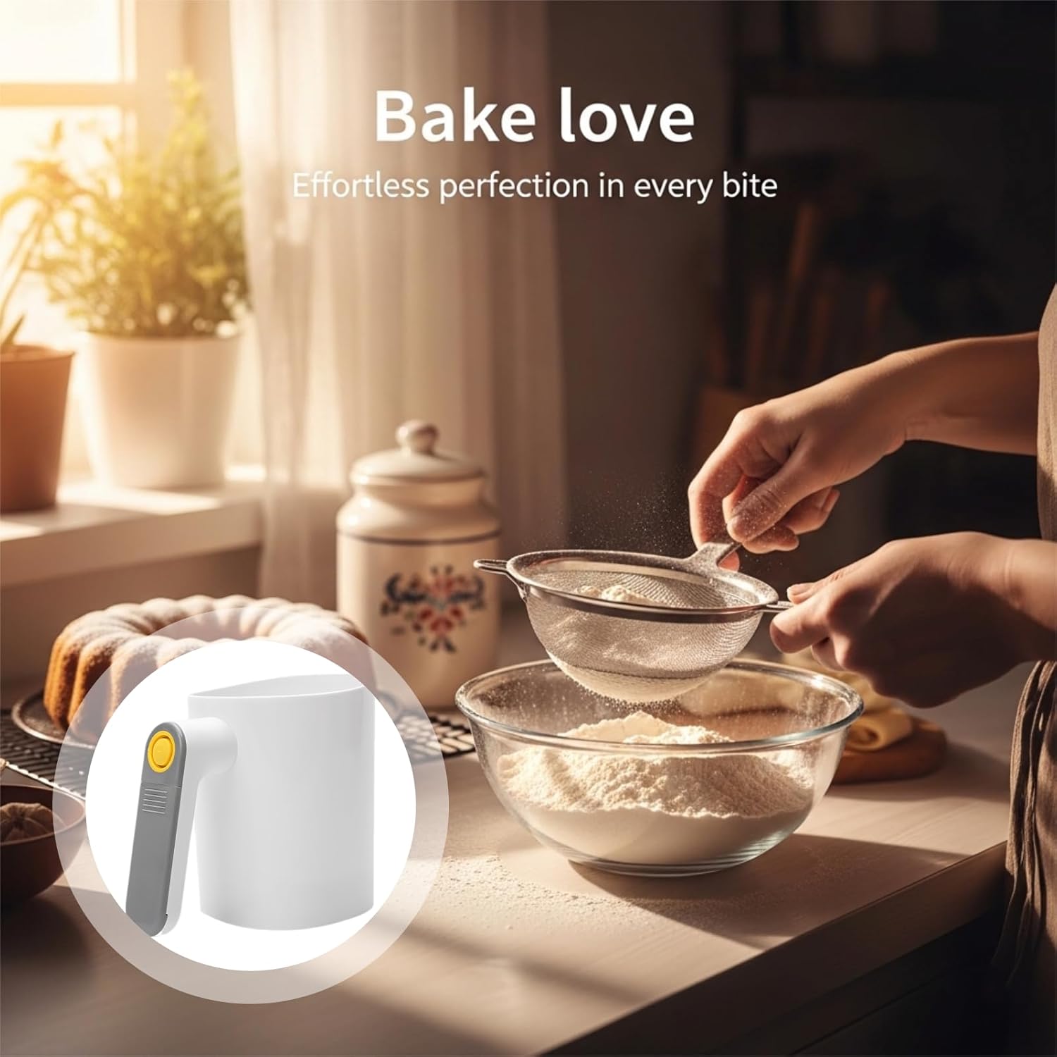 Electric Flour Sifter For Baking, Cup-Shaped, 7.4 X 4.8 X 6 In, One-Button Operation, Fine Mesh Screen