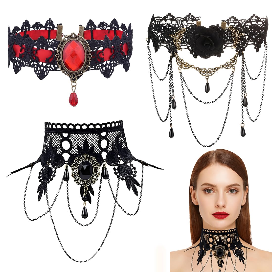 Set 3 Collane In Pizzo Girocollo Gotico Choker Vintage Per Donne - Accessorio Lolita Halloween