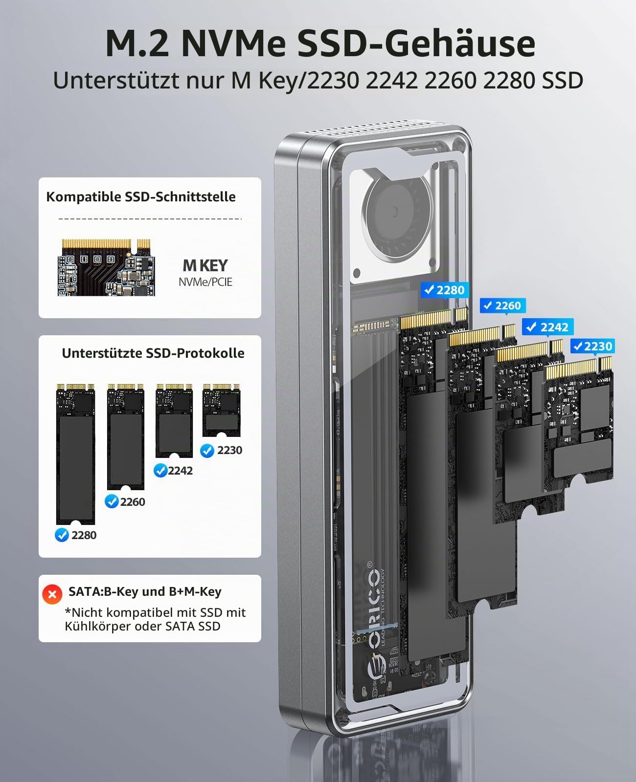 ORICO 40Gbps M.2 NVMe SSD Gehäuse, USB4 NVMe Gehäuse mit effizientem Kühlventilator, Unterstützung 2230 2242 2260 2280(M Key), Kompatibel mit Thunderbolt 4/3 USB4/3.2/3.1/3.0/2.0
