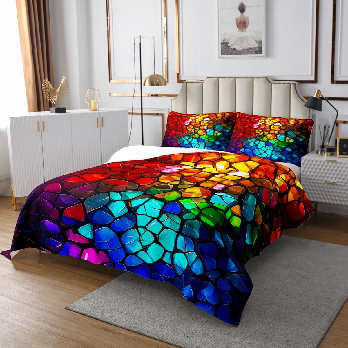 jejeloiu Mosaic Bedspread King Size Kids Stained Glass Coverlet Set Geometric Colorful Quilted Coverlet Microfiber