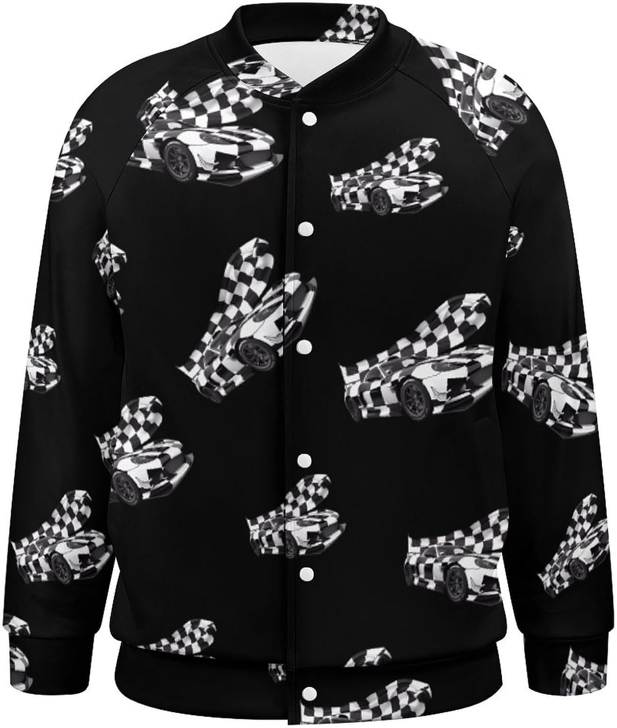 Racing Car White And Black Checked Flag Novelty Men's Baseball Jackets Causal Sweatshirt Button Top Long Sleeve Coat