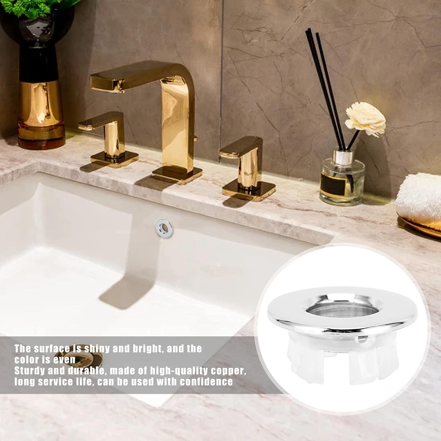 Restokki Bathroom Vanity Sink Basin Trim Overflow Cover, Sink Tap Hole Cover Kitchen Faucet Hole Cover Brushed Stainless Steel Insert in Hole (Silver)