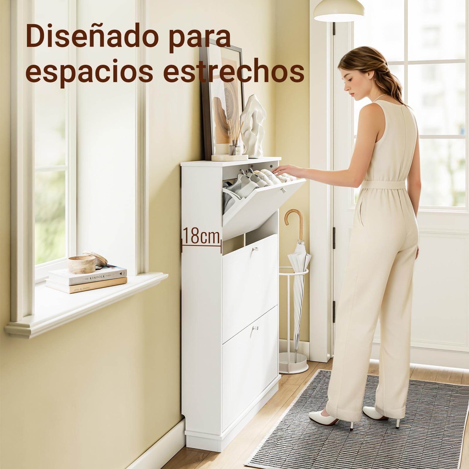 SoBuy Zapatero Entrada Recibidor - Diseño Estrecho 18 cm, Apto para Zapatos EU 47, Zapatero Madera para Entradas, Pasillos y Apartamentos Pequeños, Salvaspacio, 76 x 18 x 113 cm - FSR215-W