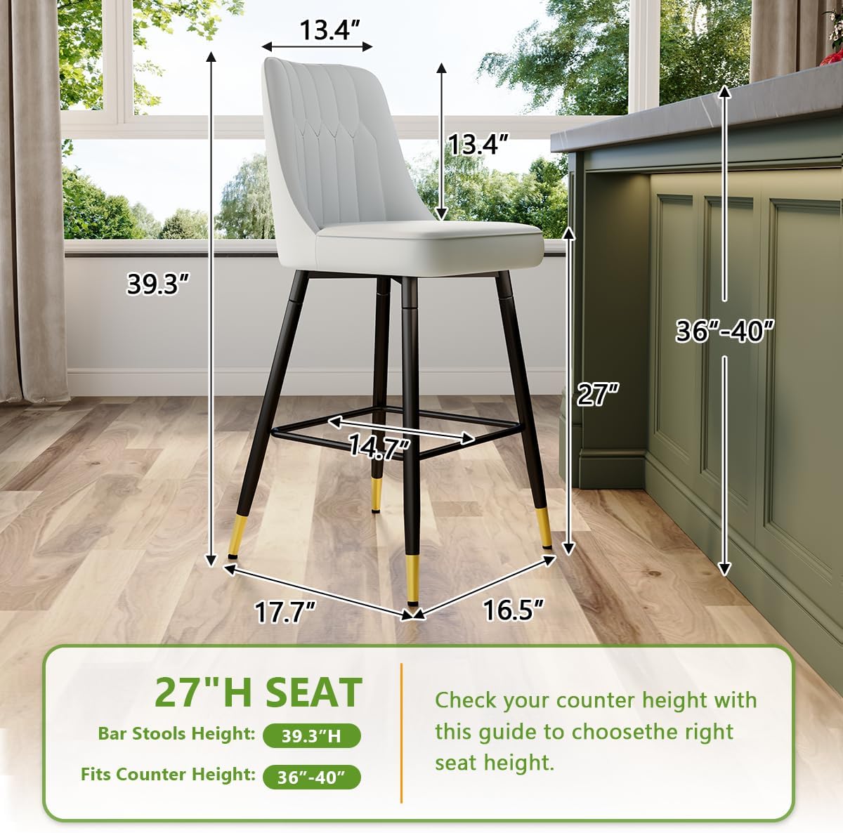 27" Bar Stools Set of 4 - Grey Counter Height Bar Stools Set of 4,Faux Leather Kitchen Island Stools with Sturdy Chrome Metal Leg,Counter Height Stools with Backs,Easy to Assemble