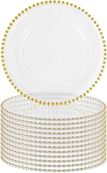12 PCS Clear Round Charger Plates with Beaded Rim, 13 Inch Plastic Acrylic Plate, Plastic Round Beaded Dinner Decorative Service Plates for Wedding Party Event, Home Kitchen TabletopGold