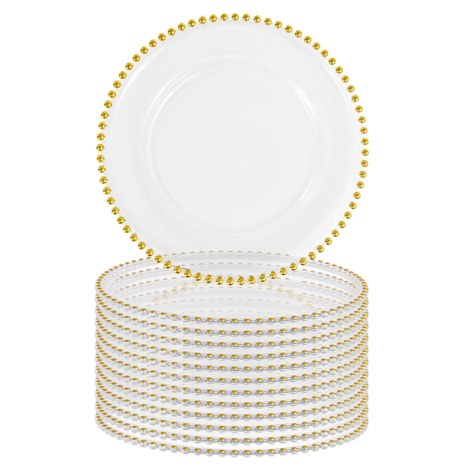 Lot de 12 assiettes rondes transparentes avec bord perlé - Assiettes de service décoratives en plastique acrylique de 33 cm pour fête de mariage, événement, table de cuisine (doré)