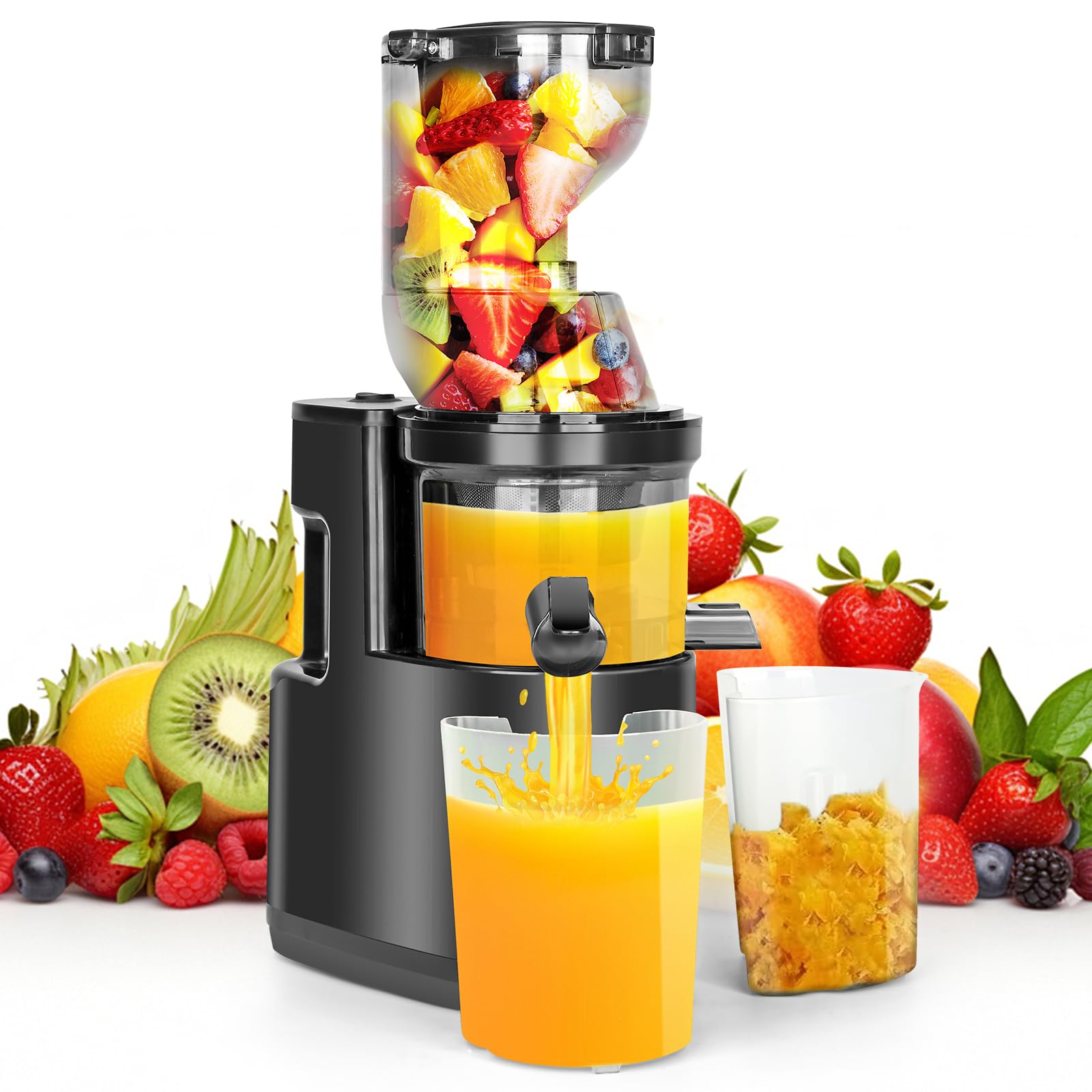 Dreamhigh® 550W Extractor de Zumos y Verduras, Licuadora Prensado en Frio con Función de Reversa, Juicer Machine 100% Libre de BPA, Apertura De 82MM, 98% de rendimiento de zumo, apto para lavavajillas