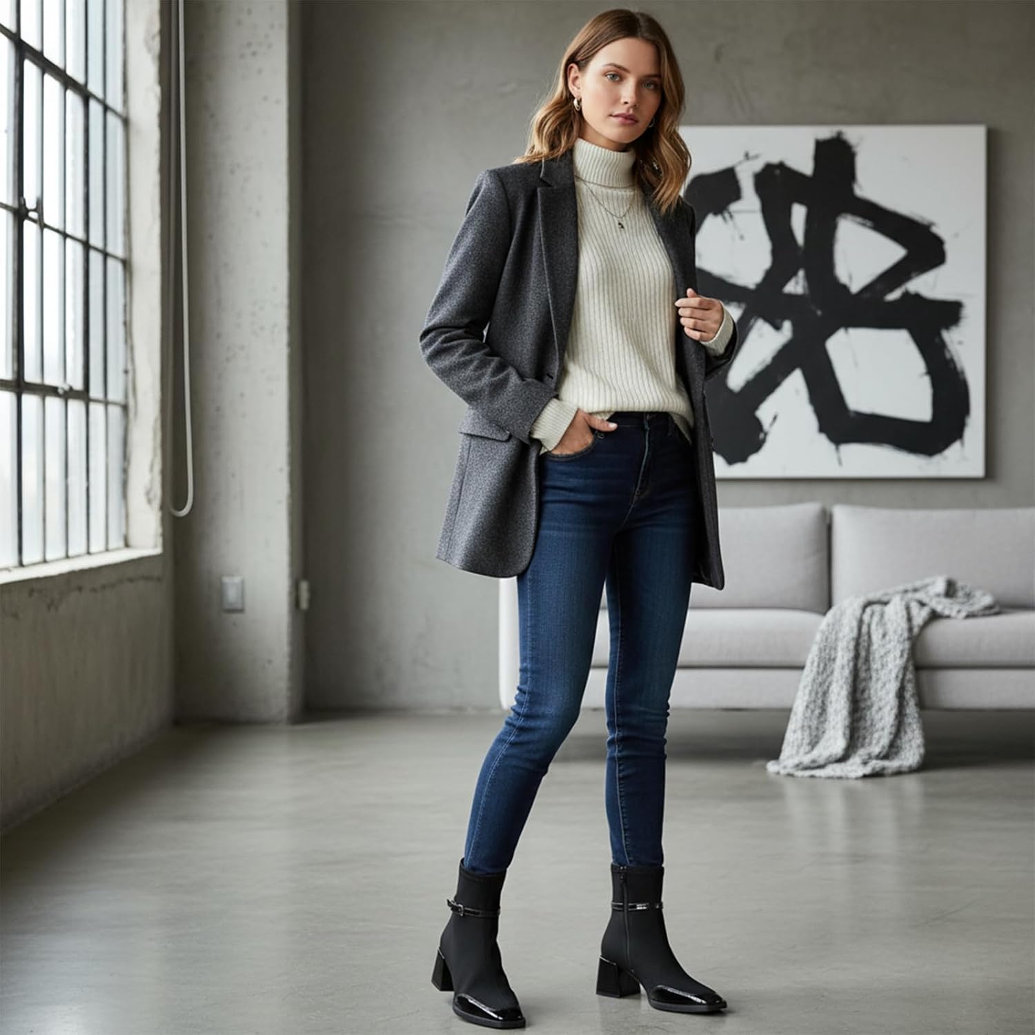 Women’s Square Toe Block Heel Ankle Boots – Faux suede with Patent Leather Trim, Side Zipper Buckle Strap Casual Dressy Sock Boots For parties, dates, weddings - Image 3