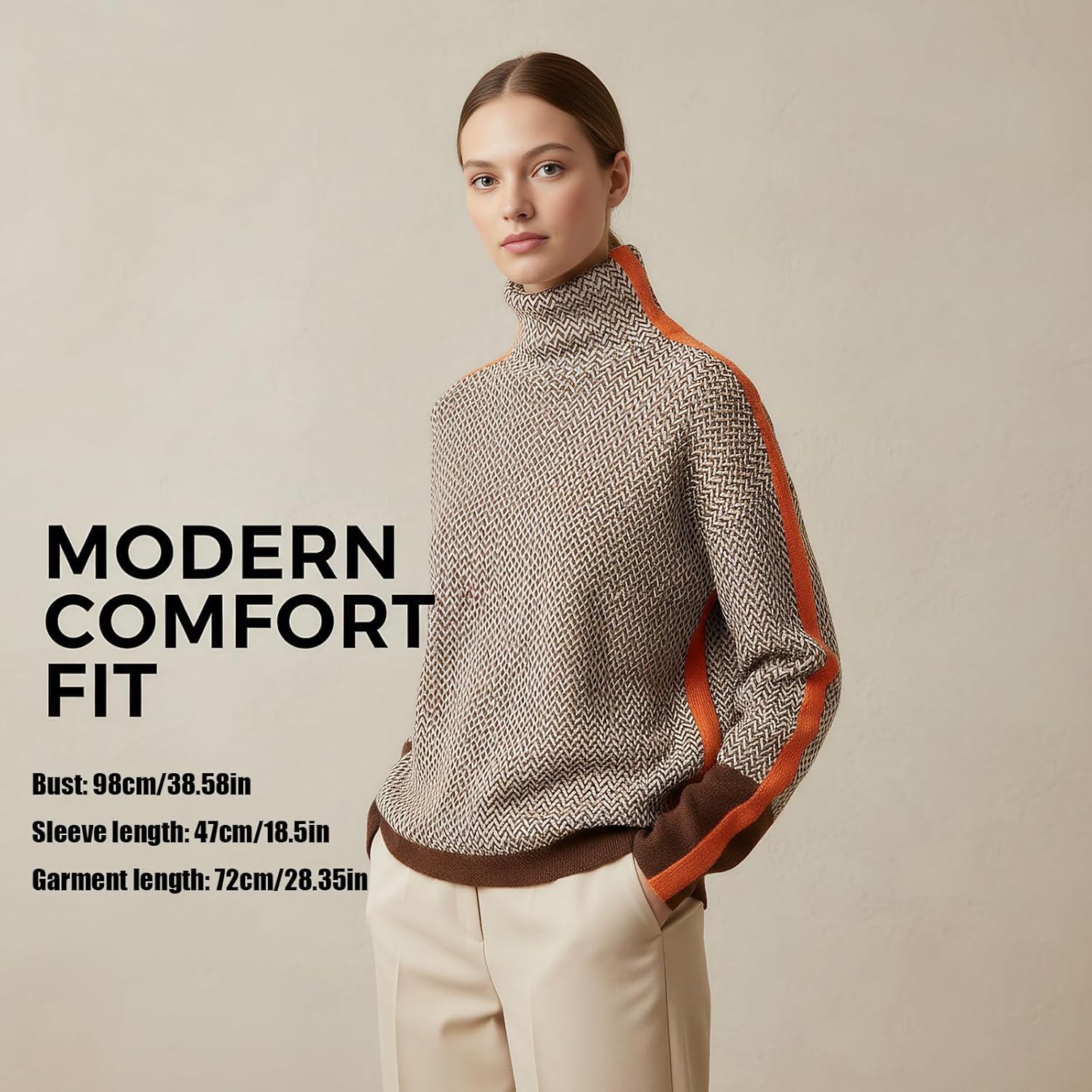 Ihigh Neck Sweater for Women, Stack Collar Herringbone Pattern Sweater, Vintage Patchwork Knitted Pullover Tops