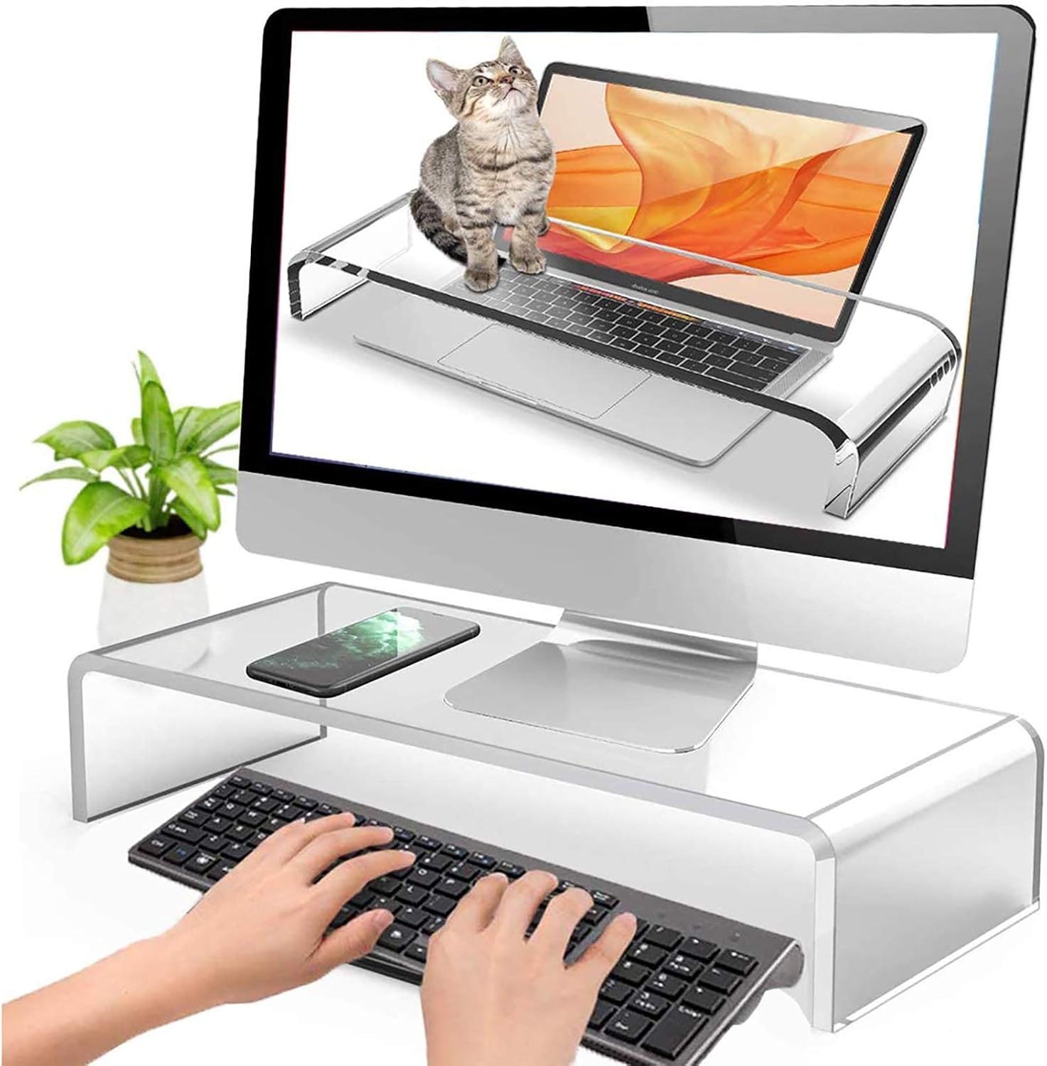 ZZJCY Anti-Cat Clear Acrylic Keyboard Cover, Monitor Laptop Stand Computer Desktop Stands Display Shelf, Save Space and Ergonomic Design, Comfortable and Durable,0.2in,9.6x6.1x1.6in
