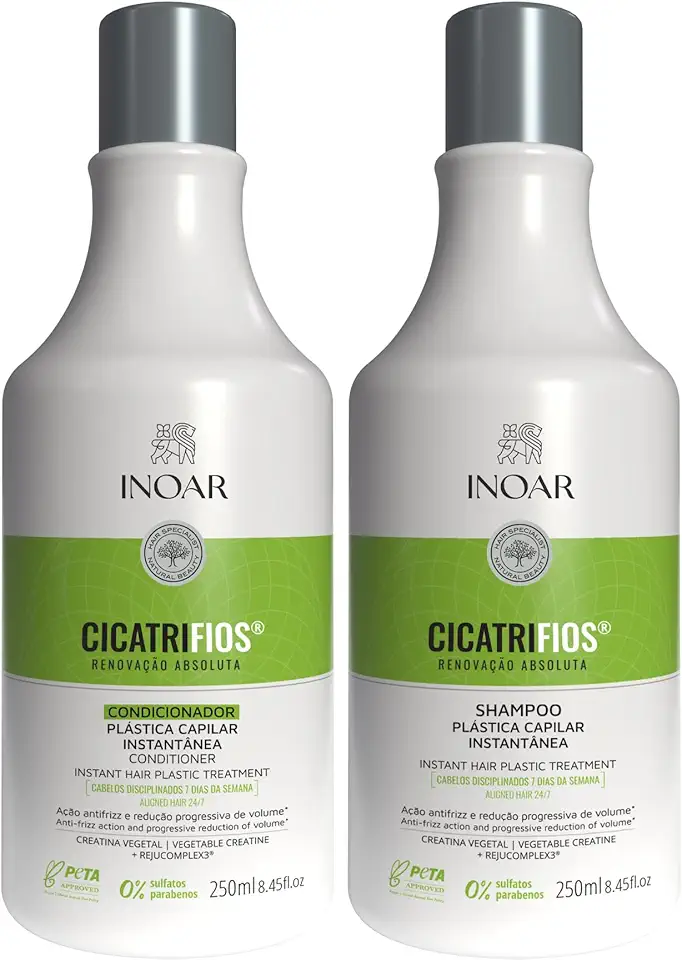 Inoar, Kit CicatriFios Plástica Capilar – Shampoo e Condicionador, Redução de Frizz, Brilho Intenso, Hidratação Profunda, Proteção Térmica e Volume Controlado - 250ml
