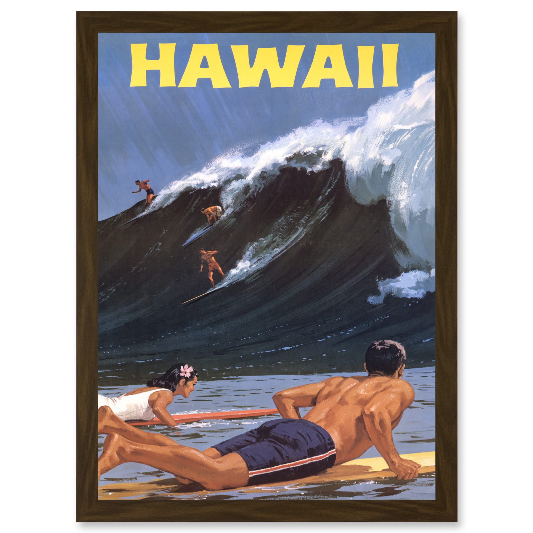 Artery8 Travel Tourism Hawaii USA Surf Ocean Wave A4 Artwork Framed Wall Art Print