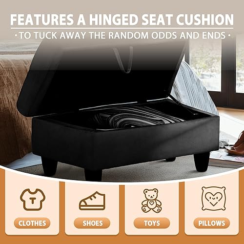 Miniatura 8 de GRETERST Banco otomano rectangular de almacenamiento, reposapiés de franela con tapa con bisagras para sala de estar, dormitorio, entrada, negro,