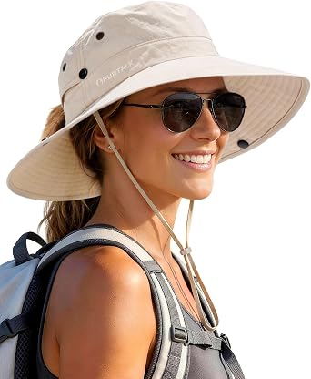 FURTALK Sun Hats for Women Wide Brim Bucket Hat Ponytail Hole Outdoor UPF | Lightweight Nylon, Quick-Dry & Waterproof, Folds to Small Pouch, Adjustable Chin Strap