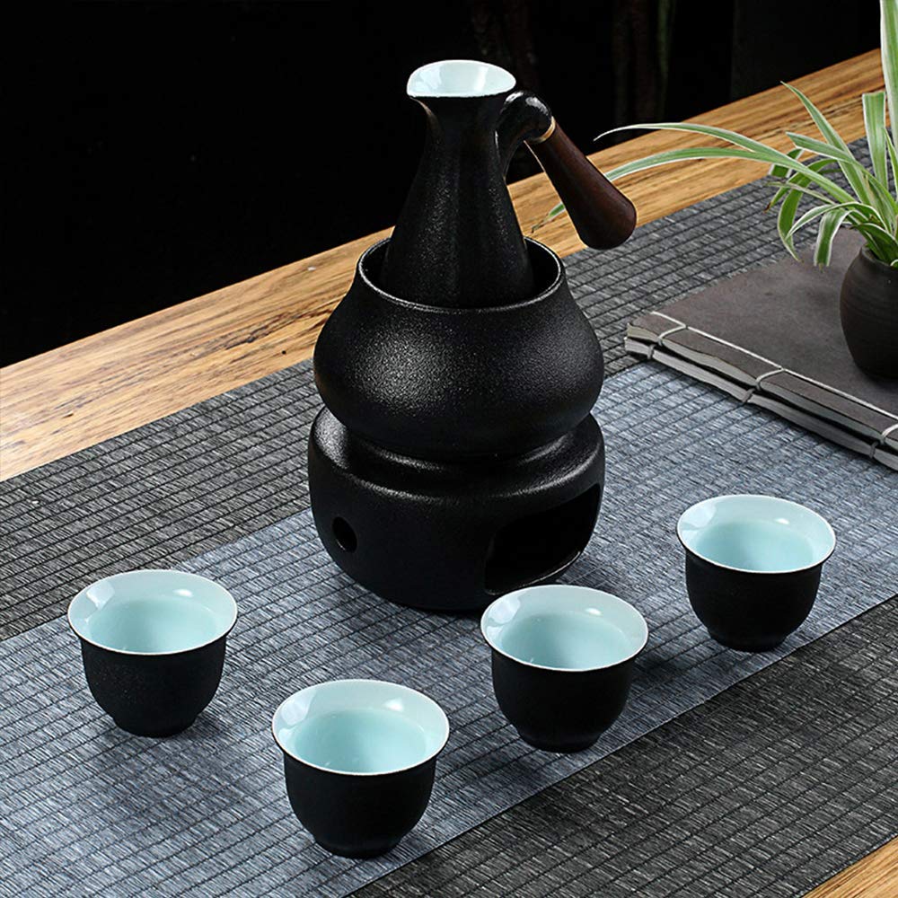 Juego de Sake japonés, Juego de Sake de Esmalte Negro de 7 Piezas con Calentador y Estufa de Vela, Mango de Madera antiescarcha para decoración del hogar Servicio de Sake Caliente/frío