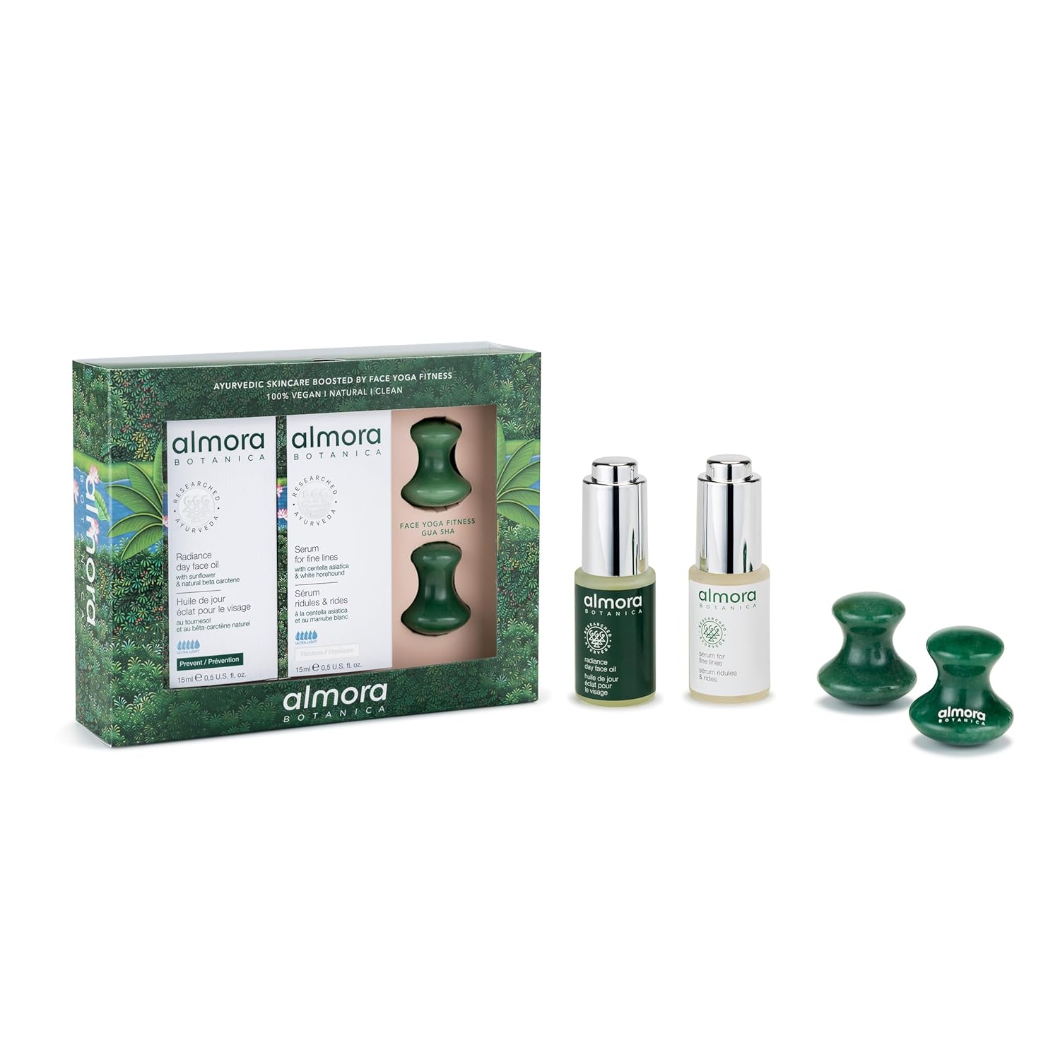 The Deluxe Kit | Serum for Fine Lines (15mL), Radiance Day Face Oil (15mL) & Signature Crystal Gua Sha | Revitalizing Skincare & Facial Massage Set | Clean, Vegan, Ayurvedic Beauty
