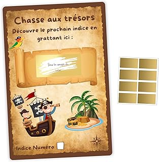 12 Cartes Chasse au trésor + 12 pastilles à gratter | Goûter ou fête d'anniversaire | Activite Interieur Exterieur Vacances | Thème Pirate