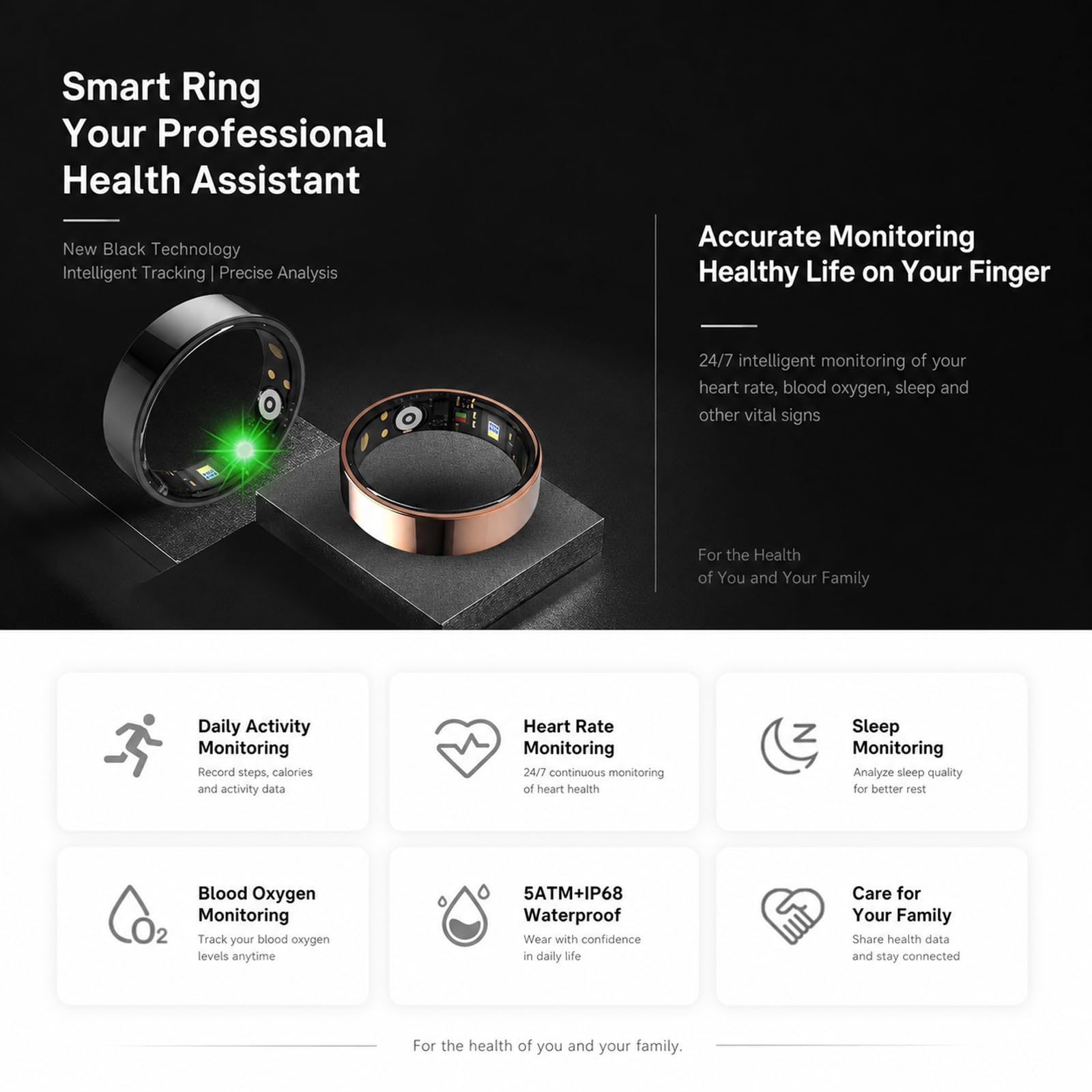 Anillo De Salud Inteligente para Mujeres Y Hombres, Seguimiento Continuo Y Multidimensional De Datos Corporales, Soporte para Monitoreo del SueñO, Conteo De Pasos Black-13