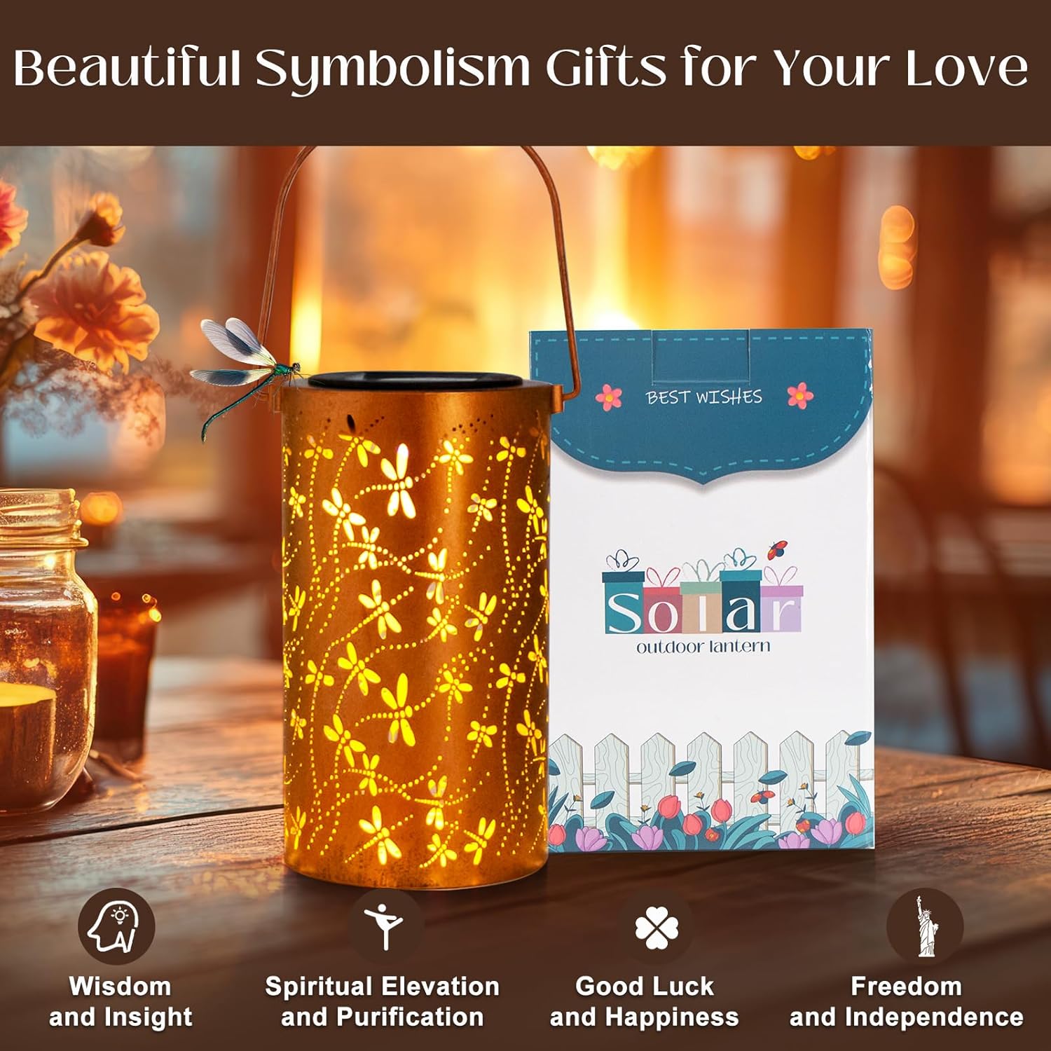 Birthday Gifts for Women Mom Grandma Ladies Solar Lanterns Outdoor Hanging Dragonfly Hollowed-Out Metal Waterproof LED Garden Decor Outside for Patio Yard Porch