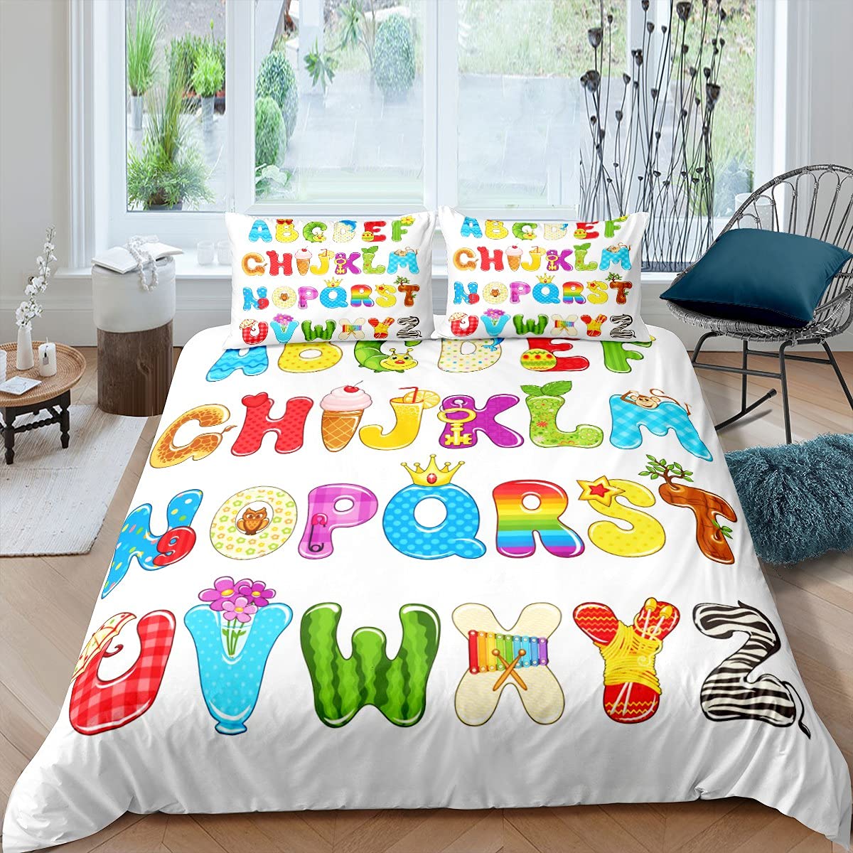 Homewish Alphabet Bettbezug Set 135X200 Aktivität Trösterbezug für Kinder Jungen Mädchen Teenager Bunte englische Alphabet Bettwäsche Set Cartoon Bettbezug Bunte Raumdekor Tagesdecke
