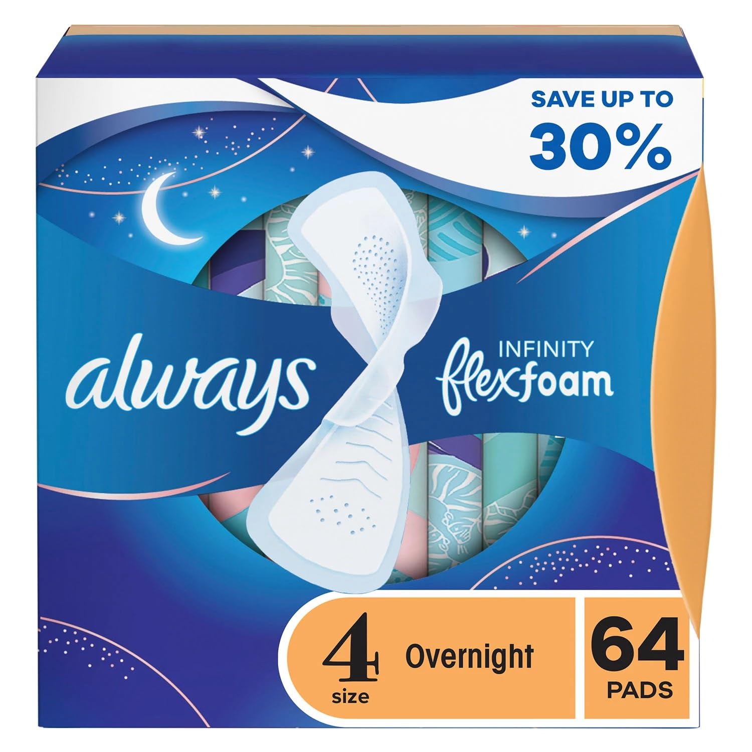 Always Infinity FlexFoam Overnight Pads with Wings, Unscented, Size 4 (64 Count), 1 Count (Pack of 64)