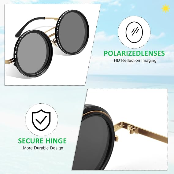 Adjustable Tint Sunglasses - 1-9 Gears Round Polarized Glasses with Manual Tint Control & Built-in ND Filter