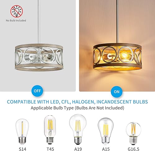 Miniatura 5 de XINGQI Lámpara de techo moderna de altura ajustable, lámpara colgante de níquel cepillado, grano de madera de metal de 13 pulgadas, luces redondas