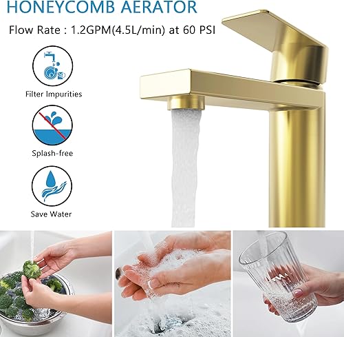 Miniatura 4 de Grifo de baño de oro cepillado con una sola manija, grifo de lavabo de un solo orificio con drenaje emergente y líneas de suministro de agua