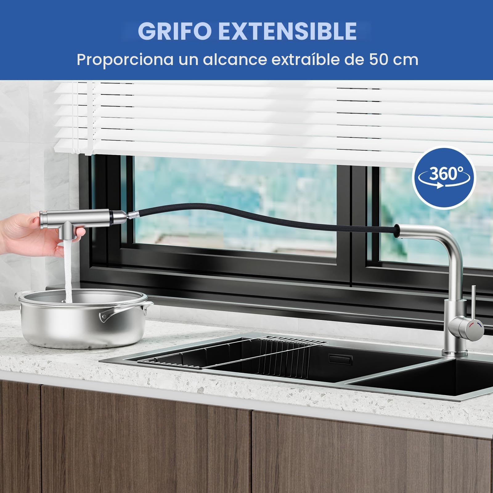 Grifo Fregadero Cocina Extraible, Altura 27.3cm, Ducha de 2 Modos,Flexible,360° Acero Inoxidable Torneira Cozinha L Monomando para 1 Orificio, Burbujeador Desmontable,G3/8, Níquel