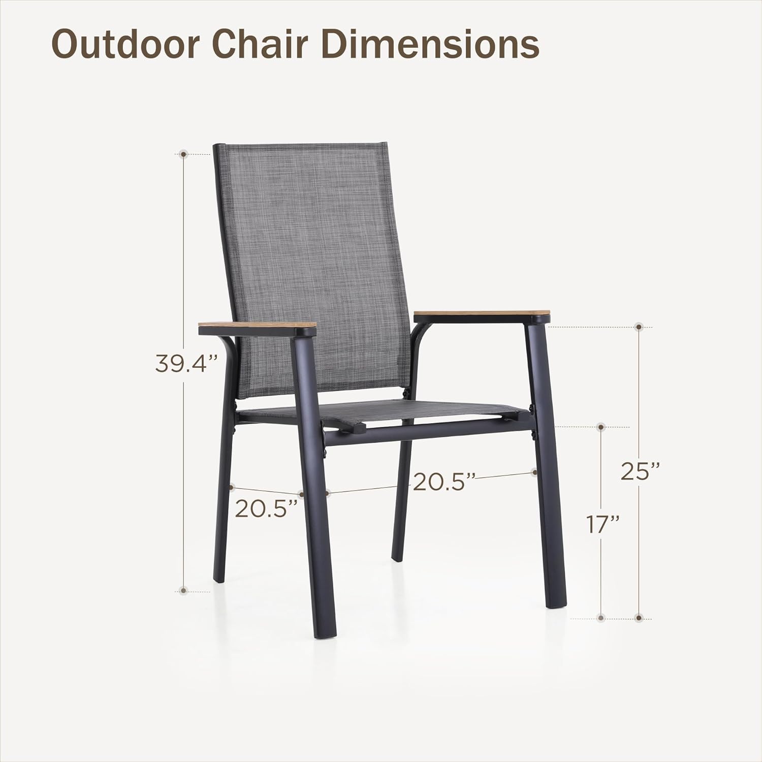 PHI VILLA Outdoor Stackable Chairs, Patio Chairs Set of 6, Light Weight Aluminum Frame with Textilene Fabric & Wood Armrest, High Back Deck Chairs for Poolside Lawn Garden, Gray