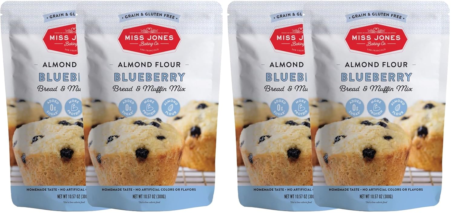 Miss Jones Baking Blueberry Muffin Mix - Almond Flour, Gluten Free, Low Carb, No Sugar Added, Naturally Sweetened Desserts & Treats - Keto, Diabetic, Atkins, WW, and Paleo Friendly (Pack of 4)