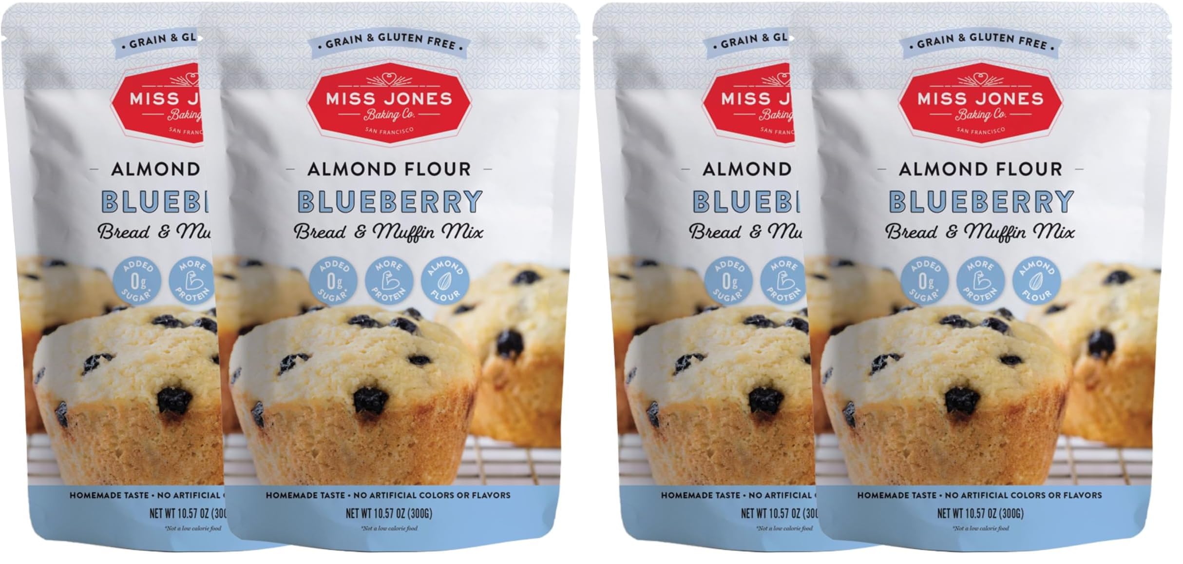 Miss Jones Baking Blueberry Muffin Mix - Almond Flour, Gluten Free, Low Carb, No Sugar Added, Naturally Sweetened Desserts & Treats - Keto, Diabetic, Atkins, WW, and Paleo Friendly (Pack of 4)