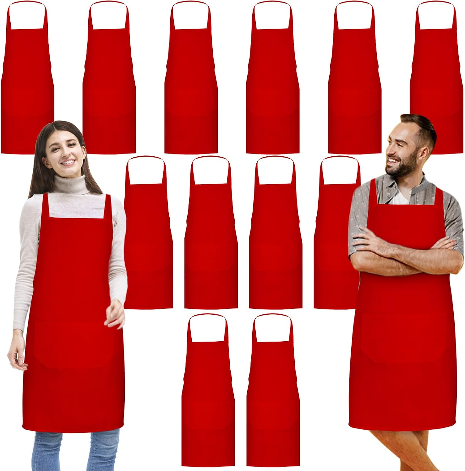 Jeffbaubl 12 Pack Bib Apron,Aprons Bulk,Unisex Plain Aprons with 2 Pockets,Blank Apron with Long Ties for Adults,23.6x27.6In