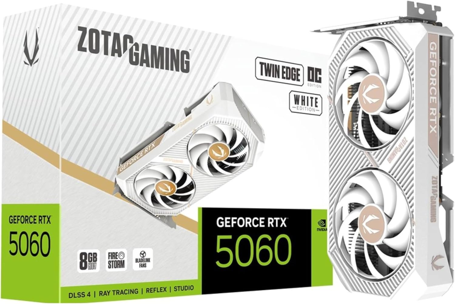ZOTAC GeForce RTX 5060 Twin Edge OC White Edition Graphics Card, NVIDIA, 8GB GDDR7, DLSS 4, 3× DisplayPort 2.1b & HDMI 2.1b, PCIE 5.0 (ZT-B50600Q-10M)