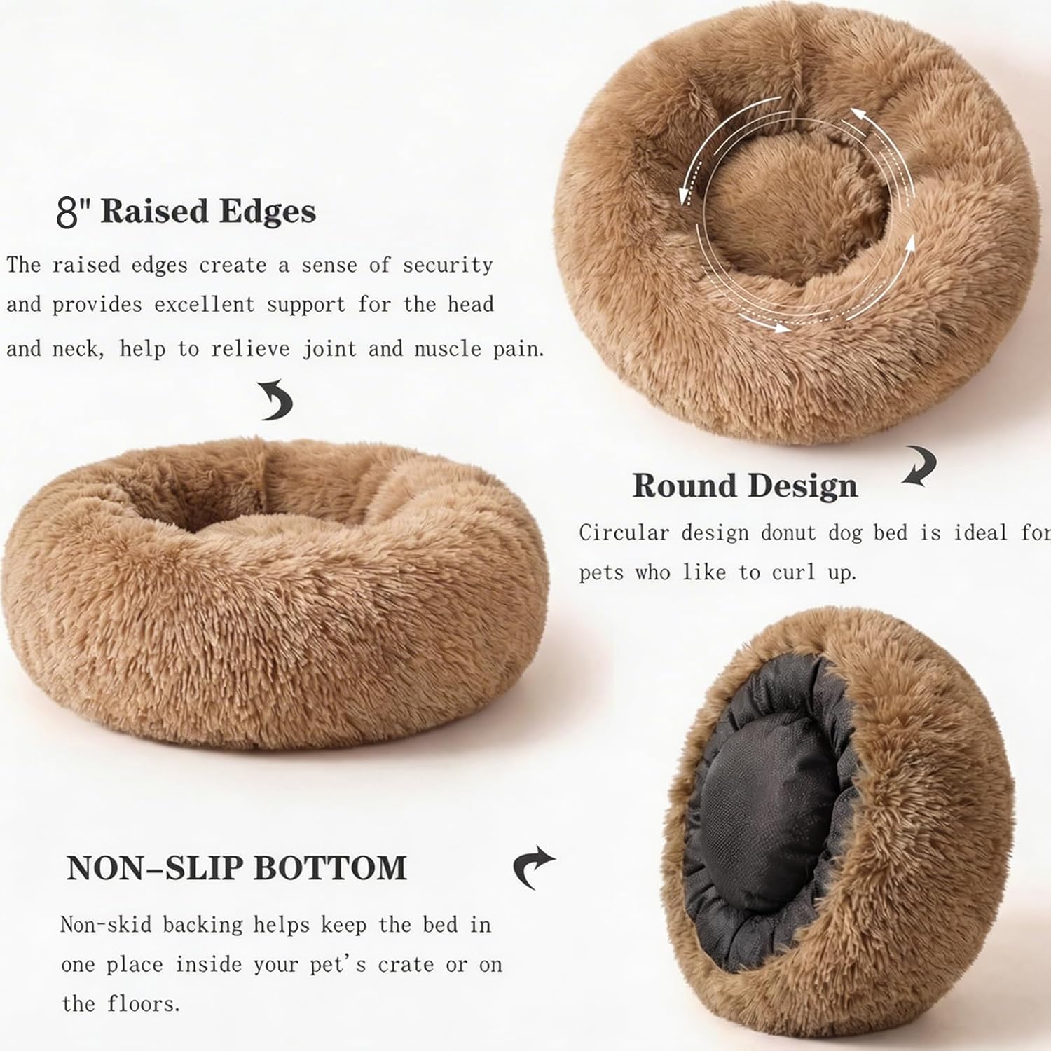 Calming Dog Bed for Medium Dogs Washable Donut 30 inches Anti-Slip Pet Bed,Round Fluffy Plush Faux Fur Cat Bed,Fits up to 45 lbs Pets,Camel