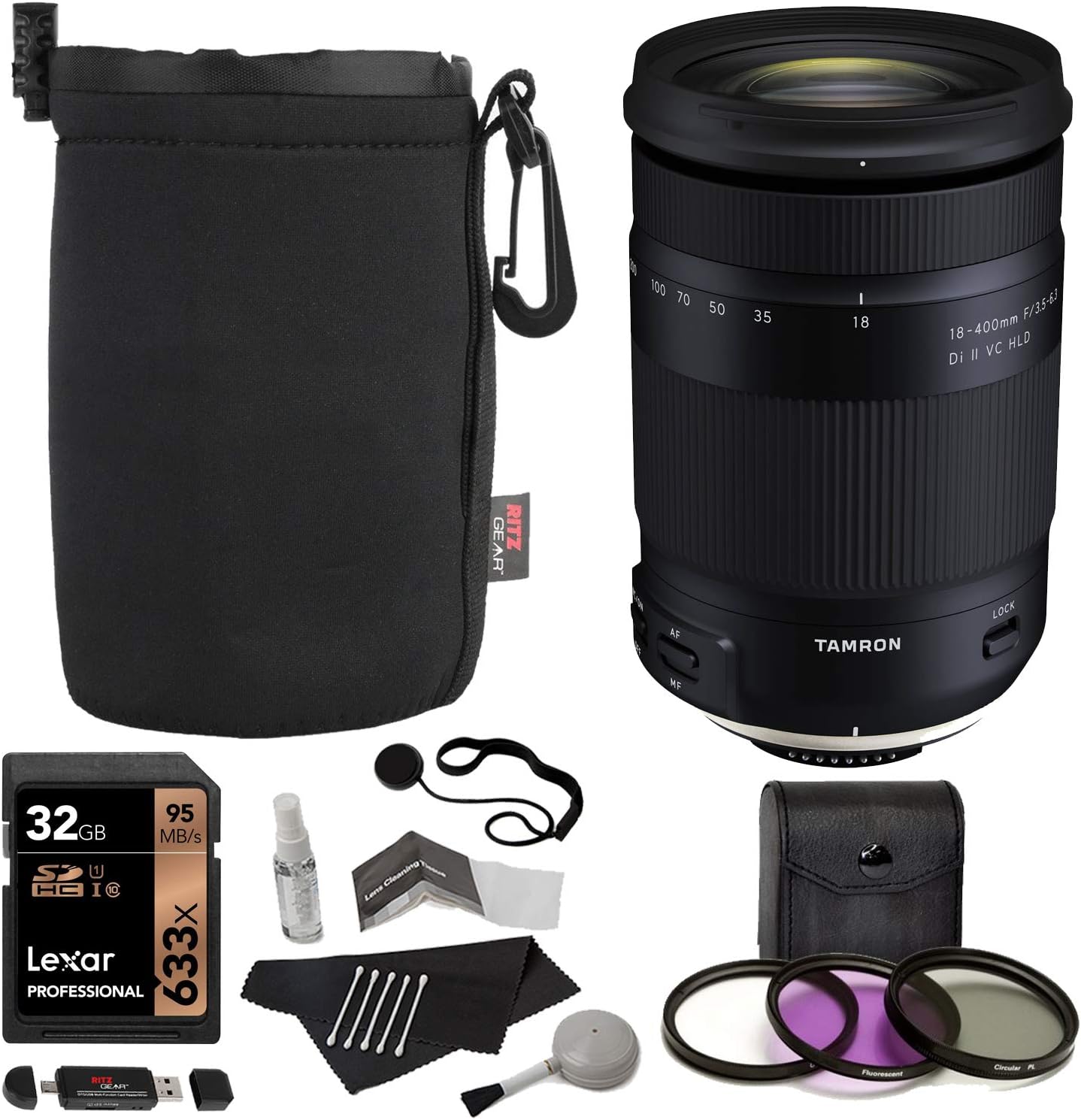 Tamron 18-400mm F/3.5-6.3 DI-II VC HLD All-in-One Zoom (6 Year Limited USA Warranty) for Canon APS-C Digital SLR Cameras, Lexar 32GB, TruDigita Filter Kit, Lens Pouch, and Accessory Bundle