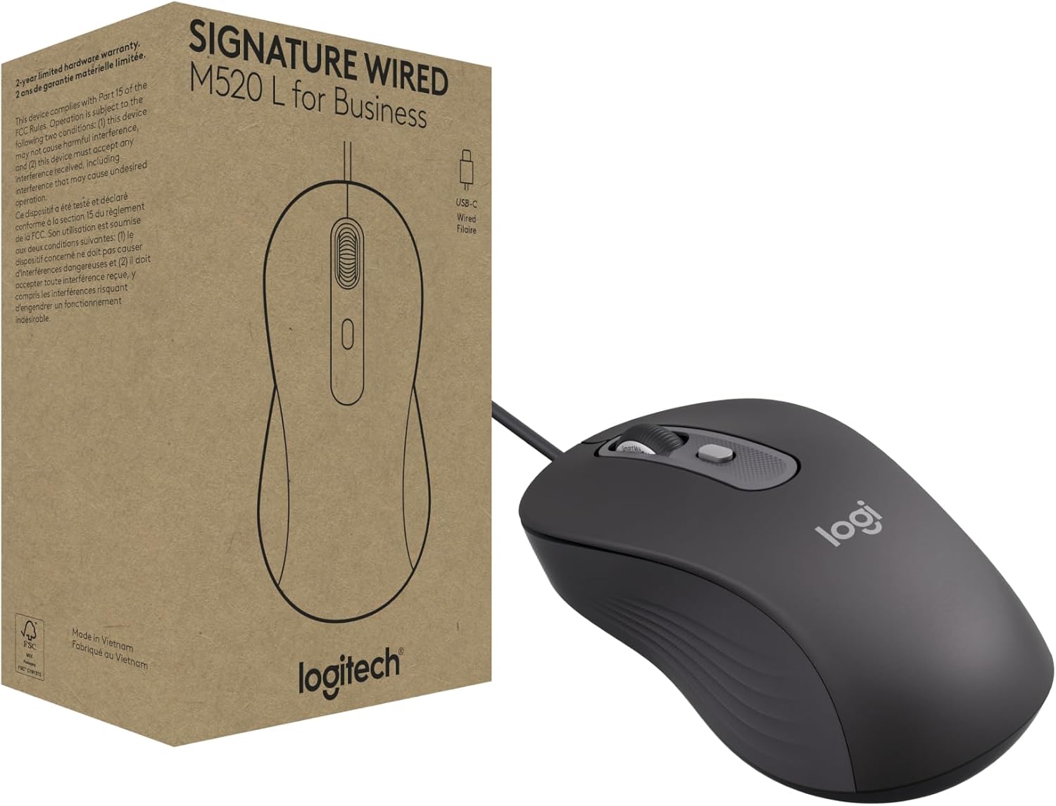 Logitech Signature Wired M520 L for Business, Optical Wired Mouse, USB-C Plug-and-Play, Windows/Mac/Chrome/PC/laptops - Graphite