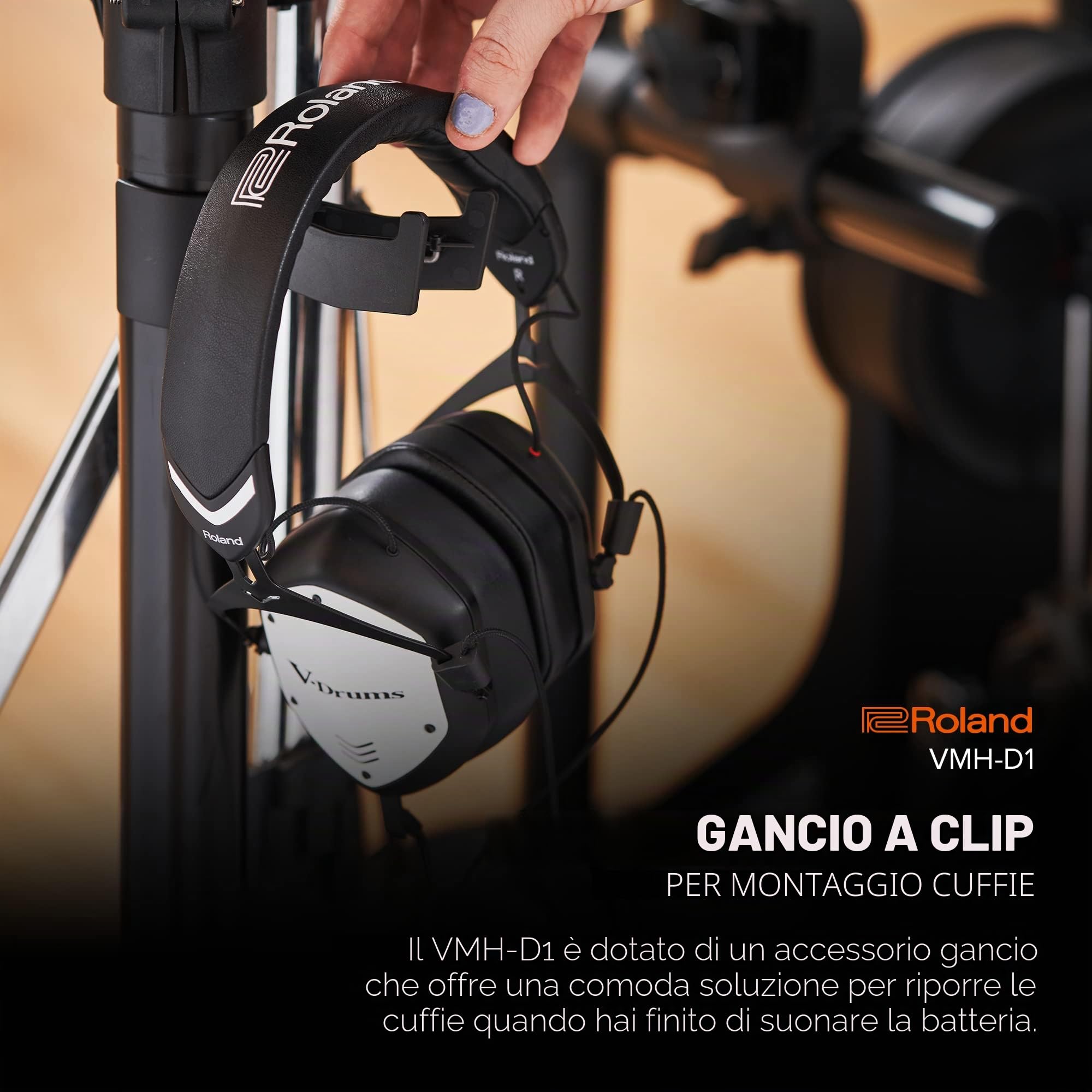Roland VMH-D1 Cuffie per V-Drums | Progettate da Roland & V-Moda per le V-Drums & Tutte le Batterie Elettroniche | Suono Immersivo | Massimo Comfort | Cavo Lungo Per Suonare Senza Intoppi
