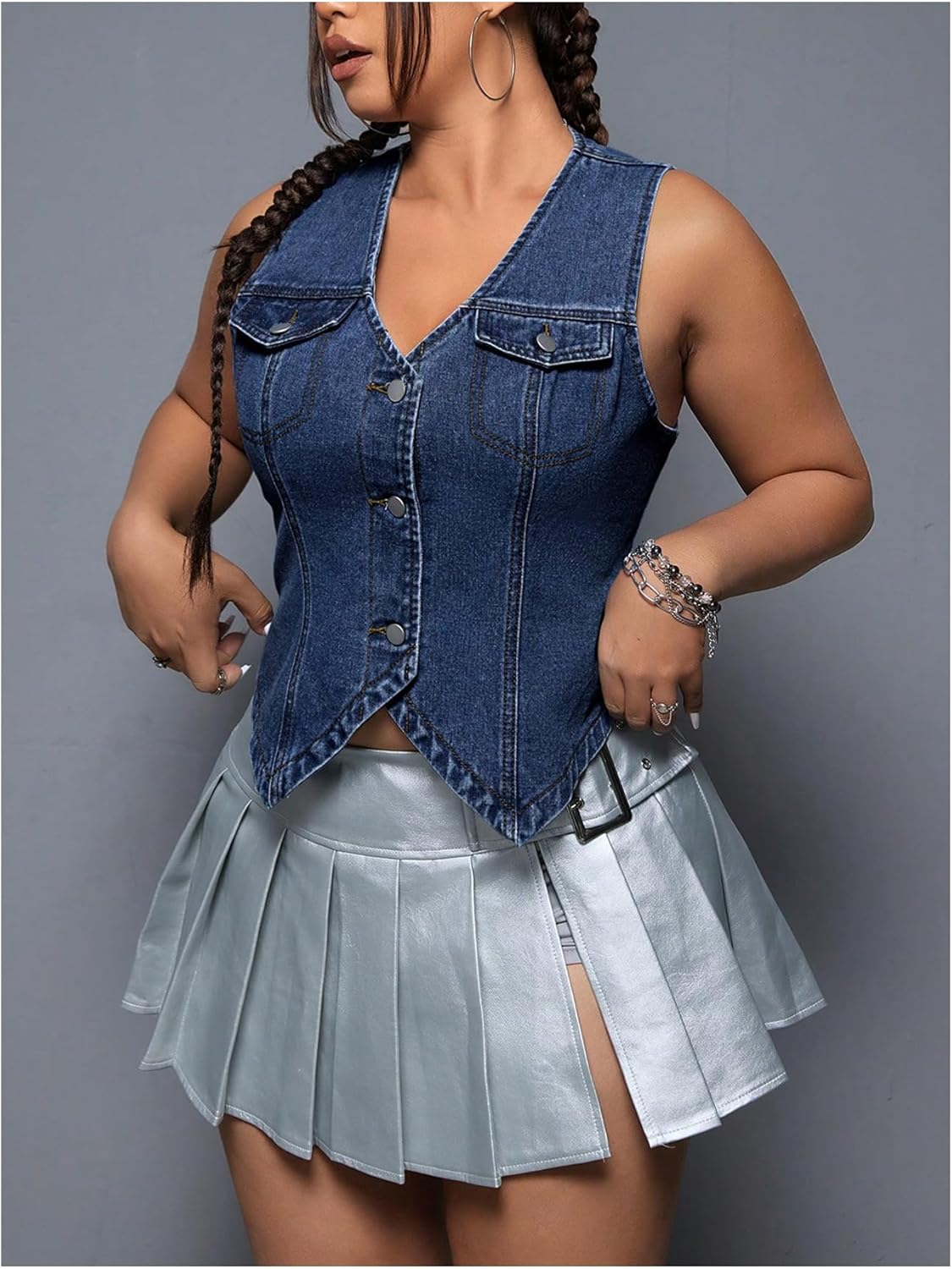 Floerns Women's Plus Size Sleeveless Button Down Jean Vest V Neck Denim Jacket - Image 3