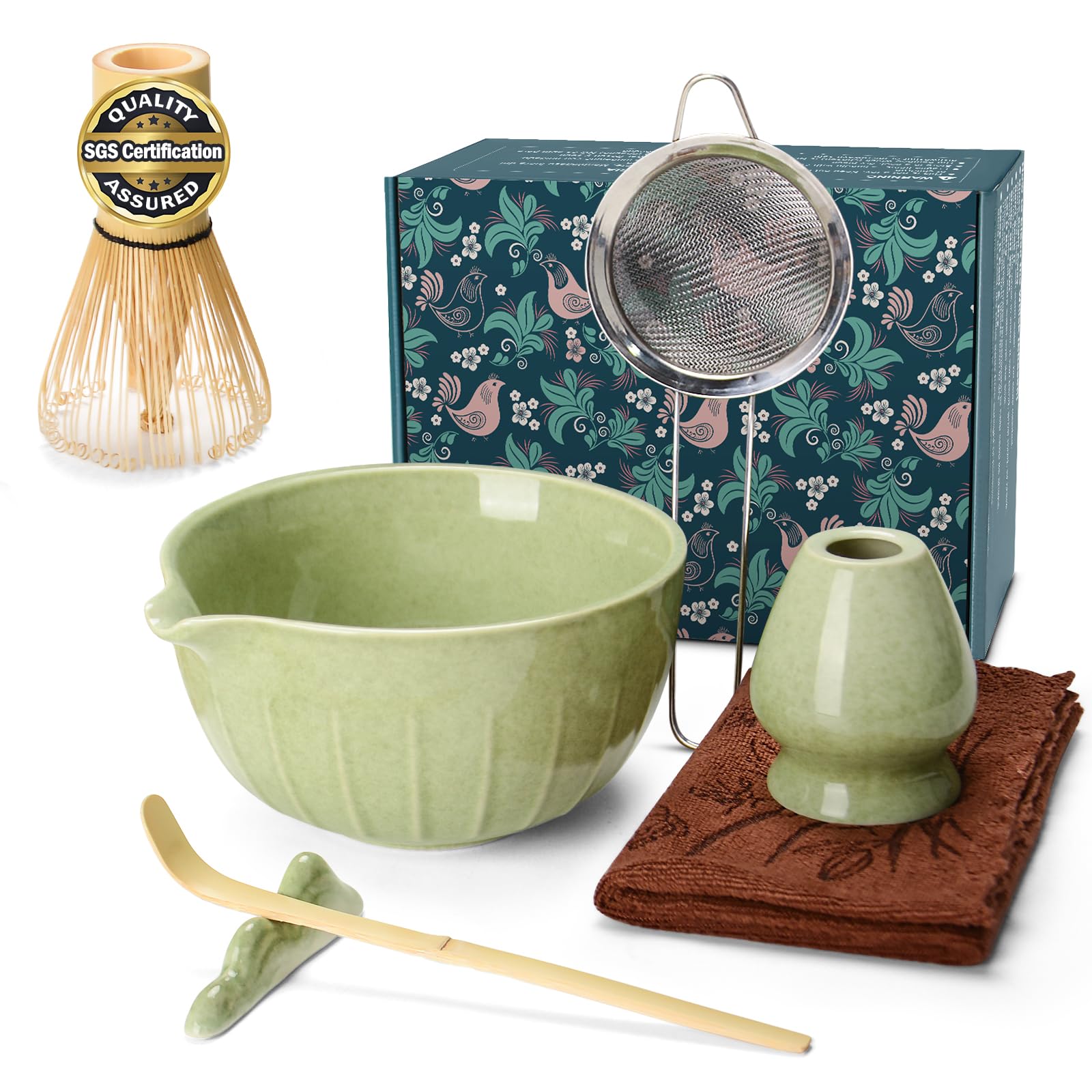 MONOJOY Matcha Whisk Set Ceramic Bowl Kit with Spout, Bamboo Chasen and Holder, Scoop Rest,Sifter Tea Towel Ceremonial Cute Matcha Tea Making Tool,Gift Perfect for Latte Lovers | Beginners,4 pcs