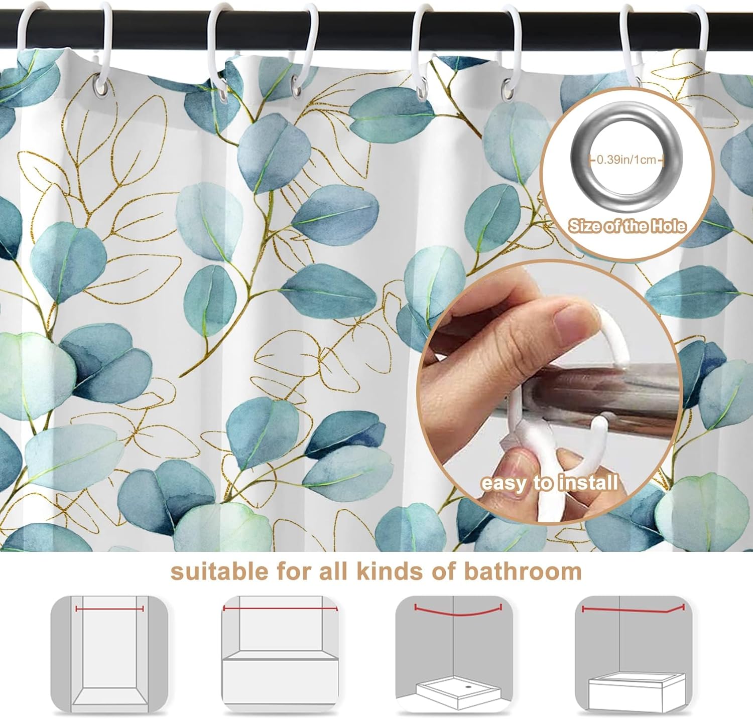 Botanical Shower Curtain, Blue Leaves Plants Floral Tree Bathroom Curtain, Spring Natural Watercolor Plants Shower Curtain Set with 12 Hooks for Bathroom, 72Wx78L inch