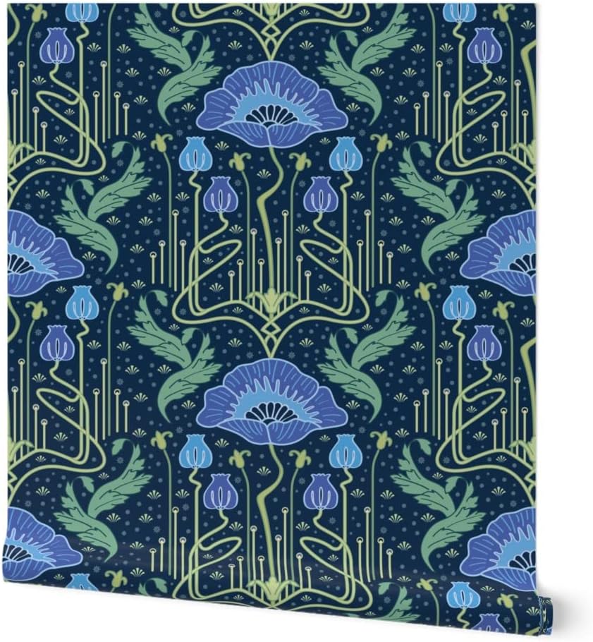 Spoonflower Peel & Stick Wallpaper 3ft x 2ft - Whimsical Art Nouveau Poppy Blue Damask Custom Removable Wallpaper