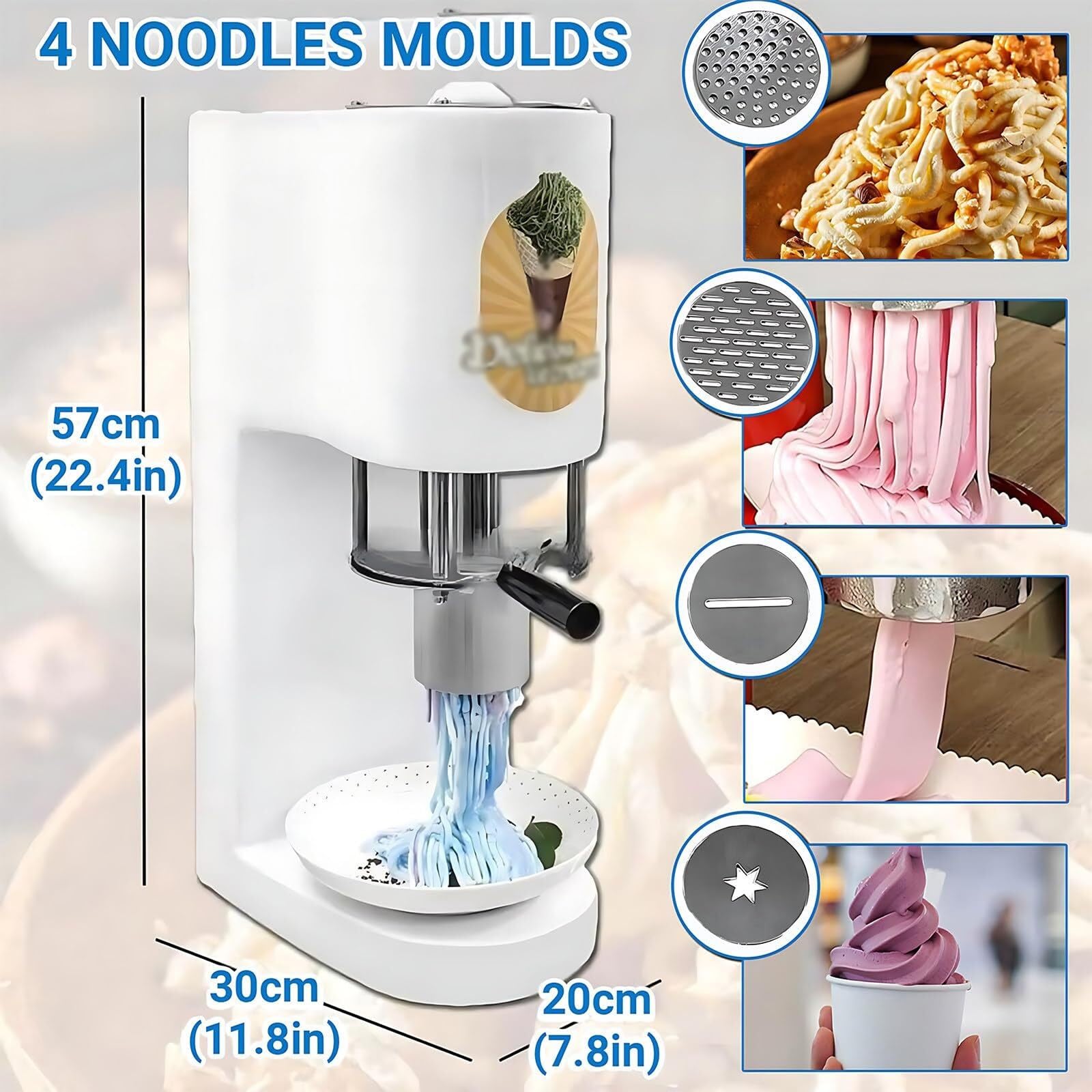 Elektrische Spaghetti-Eismaschine, 80 W mit 4 Formen, 420 ml Trichter, produziert 20 - 20 Liter/h, ideal für Eis- und Dessertläden