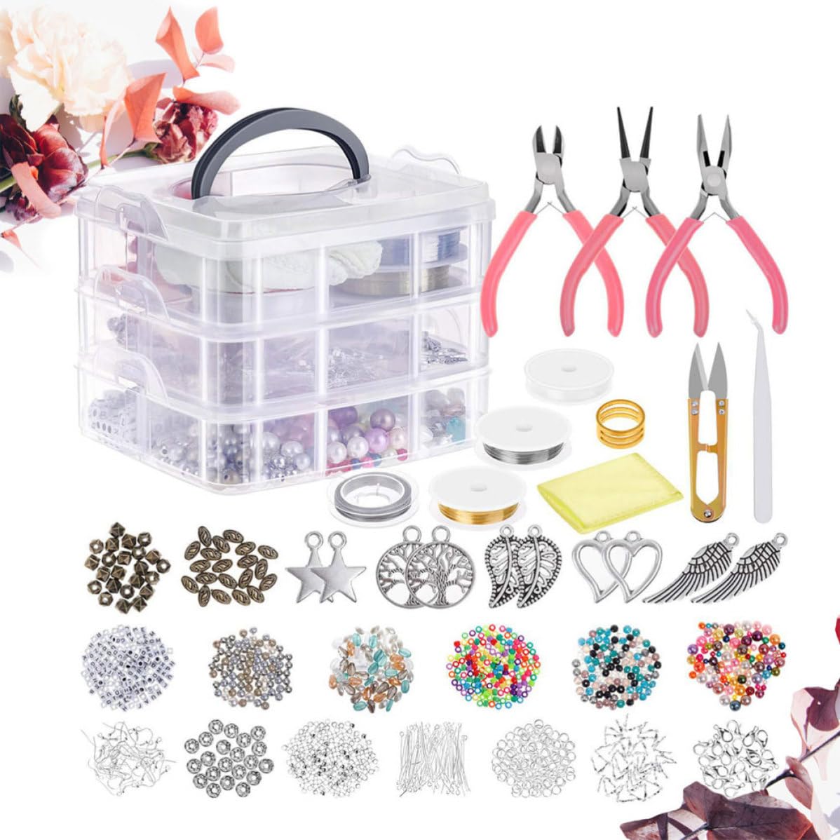 HINTRMENT Selbstgemacht Schmuckzubehör Zufällige Farbe 1186 Stück mit 3 lagiger Kunststoffbox und Metallzange für Schmuckherstellung und Armbänder Selber Machen