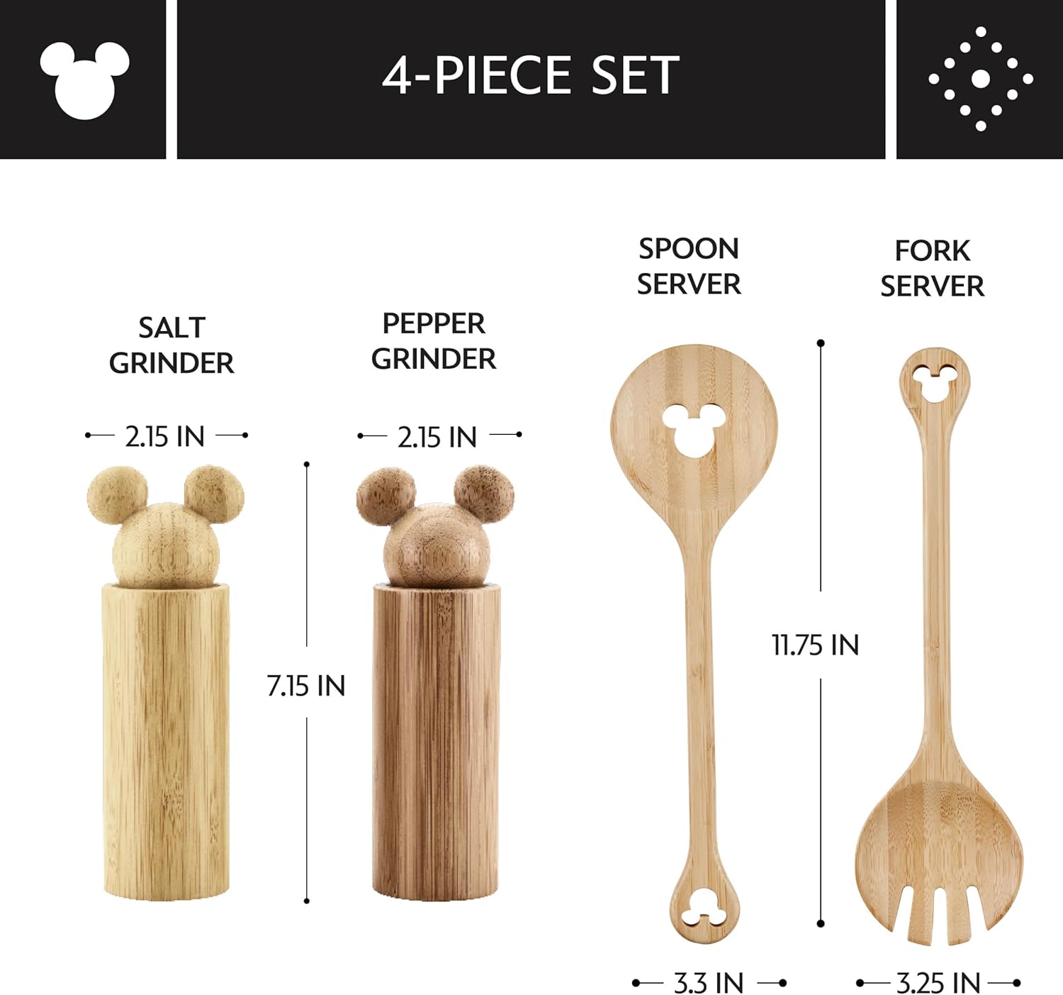 Disney Home Monochrome Bamboo Salad Server/Wood Serving Utensils with Salt and Pepper Grinder Set, 4 Piece - Bamboo